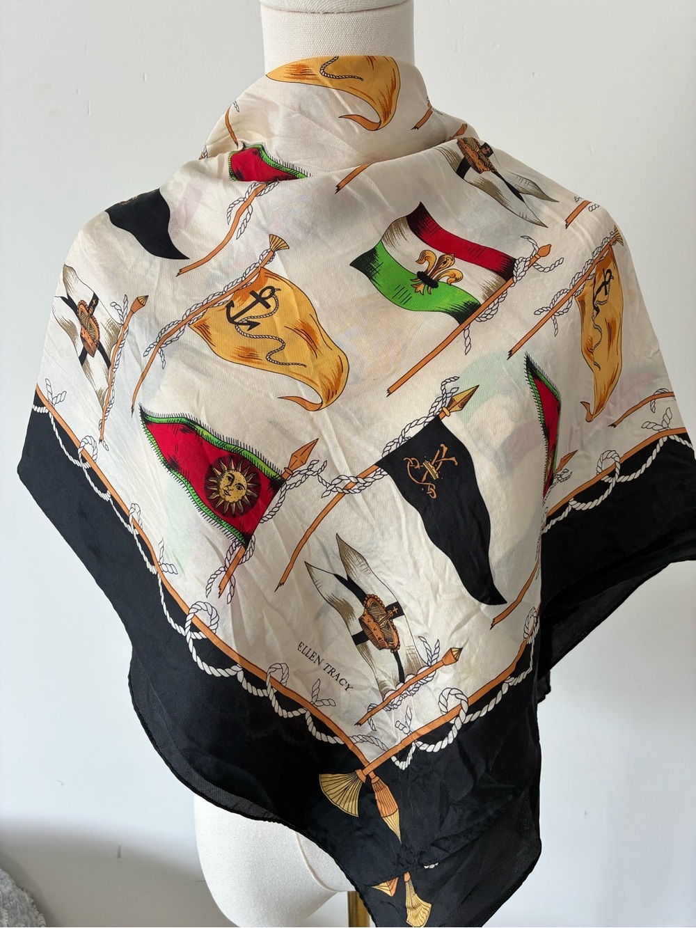 Ellen Tracy Cream Silk Scarf with Black Border & Nautical Flag Motifs